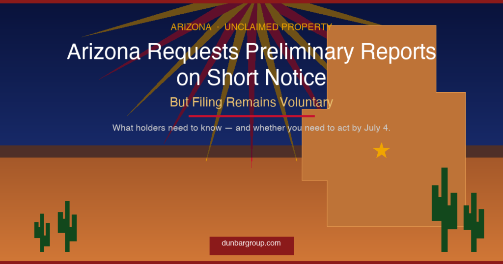 Arizona flag rays and state silhouette — unclaimed property preliminary report
