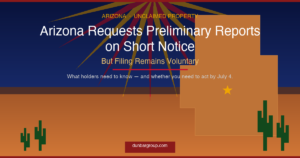 Arizona flag rays and state silhouette — unclaimed property preliminary report