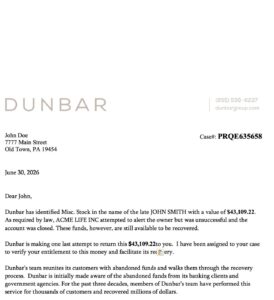 Sample Dunbar unclaimed property letter showing how Dunbar identifies and returns funds to rightful owners