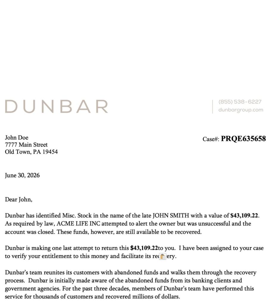 Sample Dunbar unclaimed property letter showing how Dunbar identifies and returns funds to rightful owners